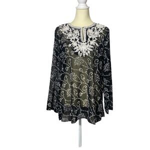 Susan Graver Style Sheer Black Floral Embroidered Long Sleeve Overlay Size Small